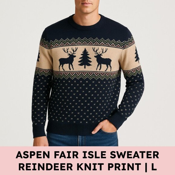 Aspen Other - Aspen Fair Isle Reindeer Cotton Sweater Crewneck Men’s Large Navy Cozy Scandi